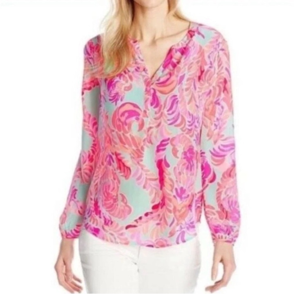 Lilly Pulitzer Silk Elsa Popover Top Jubilee Orchid Pink Orange Floral Sz S